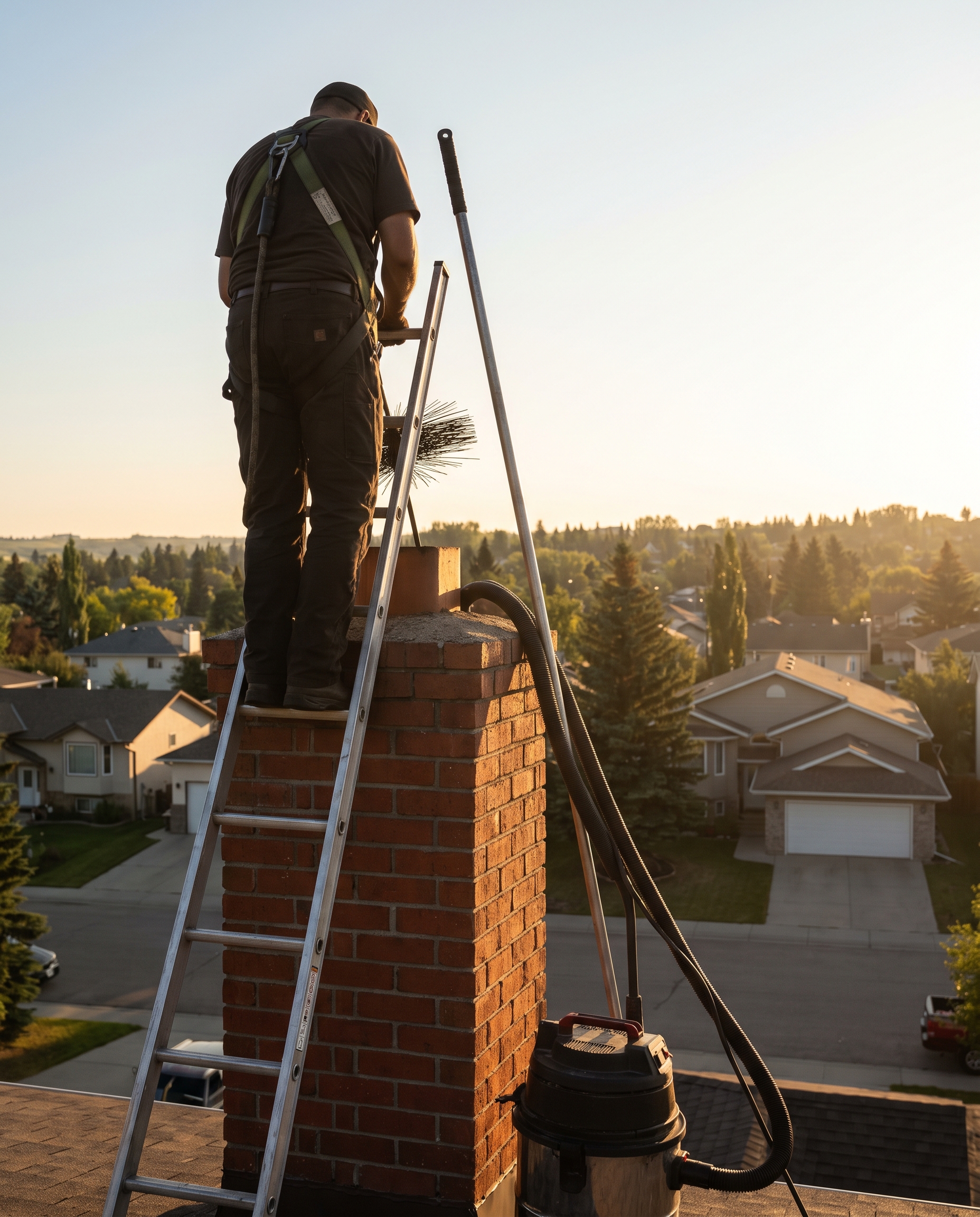 A Calgary chimney sweep at the top of an extension ladder working a soot brush down a red brick chimney
