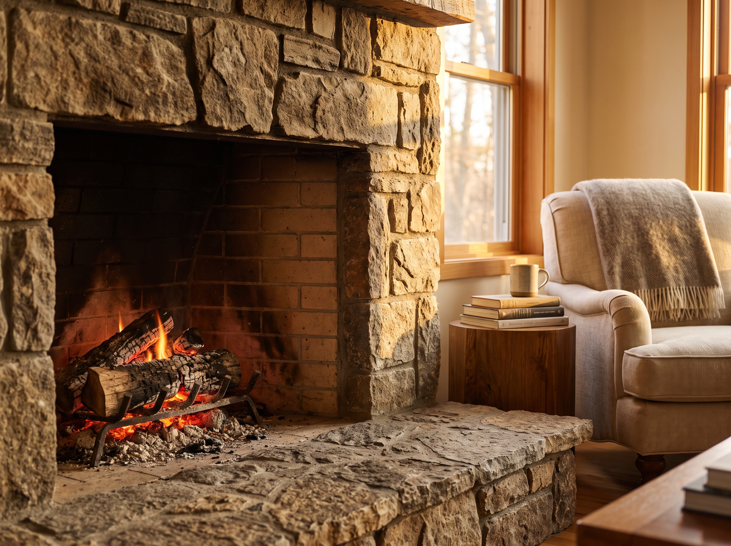 A freshly swept fireplace hearth with clean brick firebox and warm glowing embers in a Calgary living room