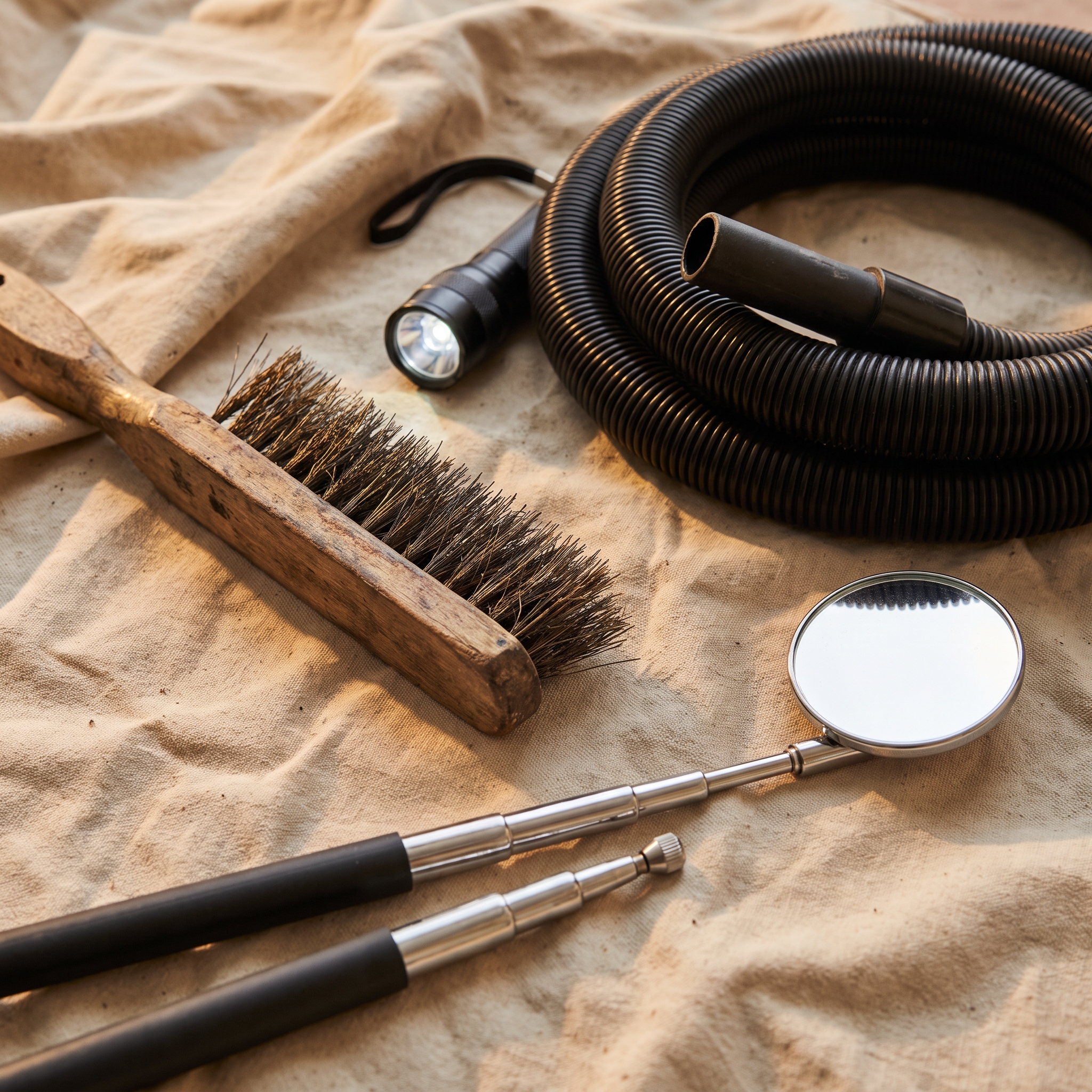 Chimney sweep tools laid out: wire brush, soot vacuum hose, flashlight, inspection mirror